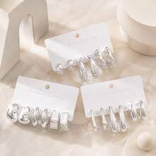 Set Of 9 Mixed Style Silver Hoop Earrings For Women Minimalist Chunky Twisted Daily Office Party Gift - Silver - View 6