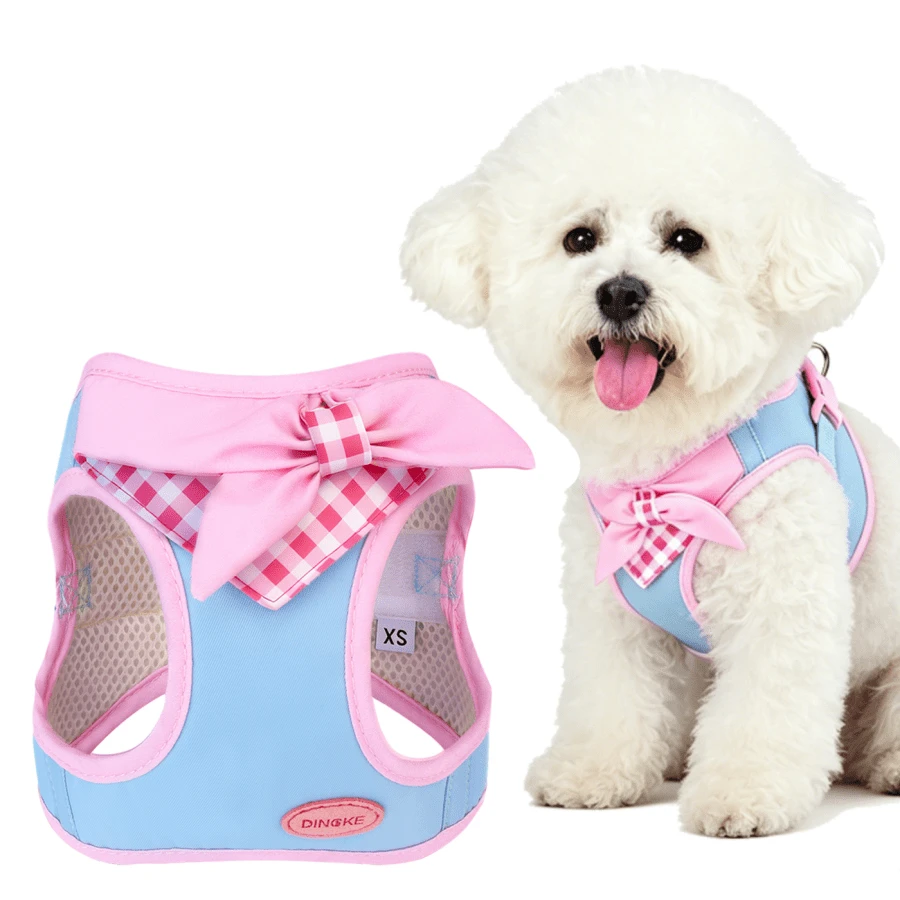 1pc Small Dog Harness . Anti-Escape Cat Harness | Night Reflective . Plaid Bandana + Bow Decor . Mesh Lining Comfortable & Breathable . Hook & Loop Design Easy To Put On & Take Off . Suitable For Small Dogs & Cats Indoor & Outdoor - Multicolor - View 1