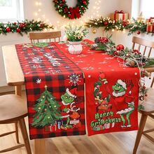 The Grinch The 1Pc Merry Grinchmas Table Runner, Red Buffalo Plaid Christmas Table Decor, Cartoon Print Tablecloth Runner, Holiday Party Tabletop Decoration For Home Kitchen - Multi-color - View 1