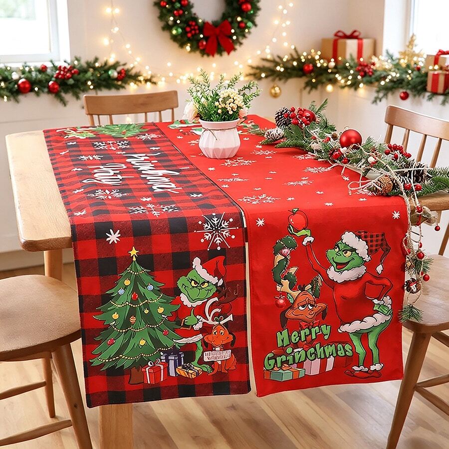 The Grinch The 1Pc Merry Grinchmas Table Runner, Red Buffalo Plaid Christmas Table Decor, Cartoon Print Tablecloth Runner, Holiday Party Tabletop Decoration For Home Kitchen - Multi-color - View 1