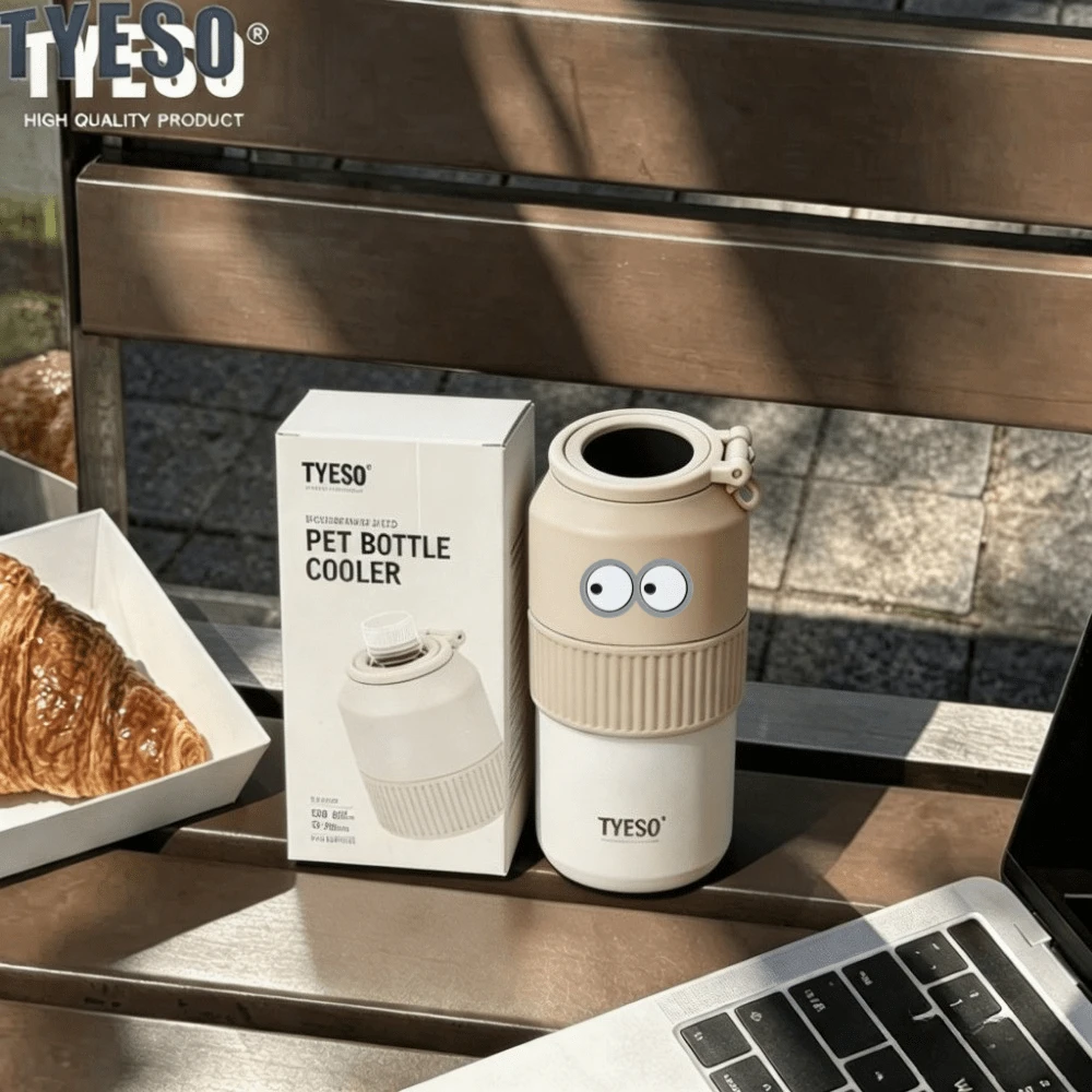 Tyeso Vacuum Insulated Water Bottle With Fun Eye Sticker Decoration 680ML Large Capacity Lightweight Portable Travel Mug For Hiking Camping Picnic Office Commute Dual Use For Hot And Cold Drinks - Apricot - View 1