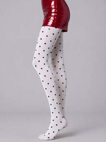 1 par de medias de mujer blancas engrosadas con lunares, medias con patrón de puntos negros para otoño, estilo preppy, retro & atuendos diarios - Blanco - Ver 3