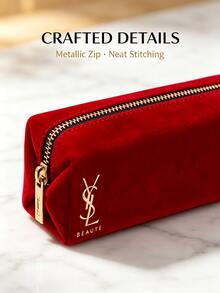 Yves Saint Laurent YSL Saint Laurent Luxury Burgundy Velvet Makeup Bag With Gold Foil Logo, Compact Portable Zippered Cosmetic Pouch - Wine Red Red Envelope - View 6