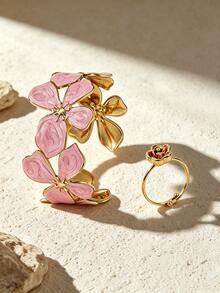 2PCS Minimalist Fashion Vintage Elegant Gentle Style Oil Drip Enamel Four-Petal Design Bracelet & Ring Set Stainless Steel Women's Jewelry Suitable For Daily Wear/Garden Party/Evening Event/Commute/Date/Valentine's Day Gift For Loved Ones - Yellow Gold - View 7