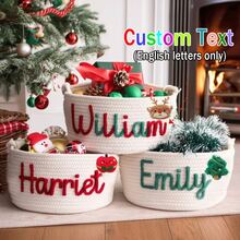 1pc Personalized Customized Christmas Basket Round Rope Storage Basket Holiday Gift Basket Holiday Storage Organizer Basket Knitted Rope Storage Bin - Multicolor - View 3