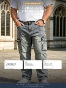 Men's Plus Size Stretch Cargo Jeans, Retro Faded Blue Straight Leg Denim Pants, Casual Work Trousers - Navy Blue - View 4