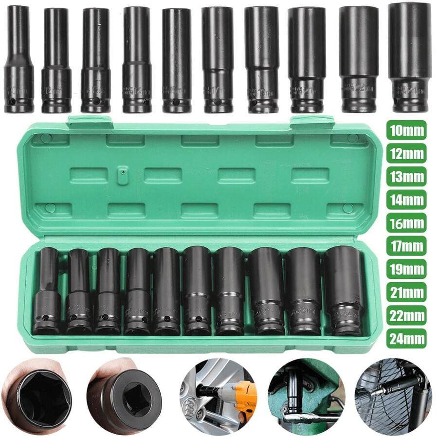 10pcs Metric Deep Hole Impact Socket Set, High Hardness Rust-Resistant Long Sockets, Heavy Duty Automotive Repair Socket Set With Storage Case