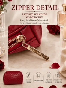 Lancôme Red Woven Makeup Bag, 22.7*6.5*15.5cm, Woven Texture, Spacious Capacity, Smooth Zipper, Easy To Carry, Stain-Resistant, Suitable For Daily Use - Red - View 7