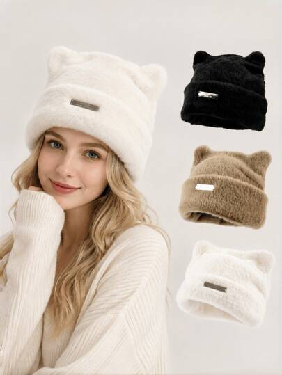 Cute Cat Ear Plush Beanie Hat For Women, Fuzzy Warm Windproof Cold-Proof Thickened Hat For Autumn And Winter