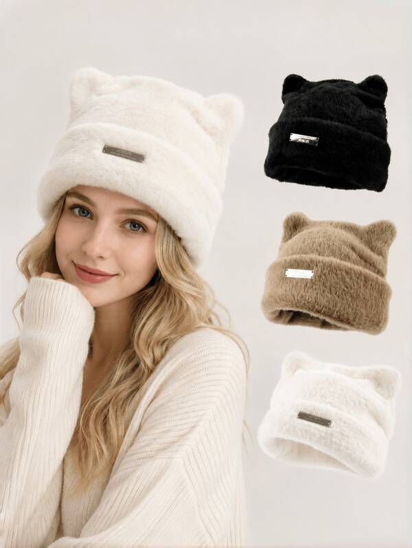 Cute Cat Ear Plush Beanie Hat For Women, Fuzzy Warm Windproof Cold-Proof Thickened Hat For Autumn And Winter