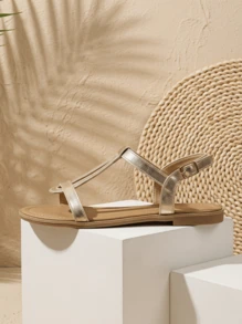 CAJUNI Women Flat Sandals Multiple Strap Open Toe Vacation Style Plain Color Versatile,Spring Summer Outfits - Gold - View 4