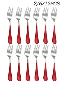2/6/12pcs Dessert Fork Set, Cake Fork, Fruit Fork, Tea Fork, Suitable For Restaurant, Afternoon Tea, Cafe, Wedding, Date Gift - Silver + Red - View 1