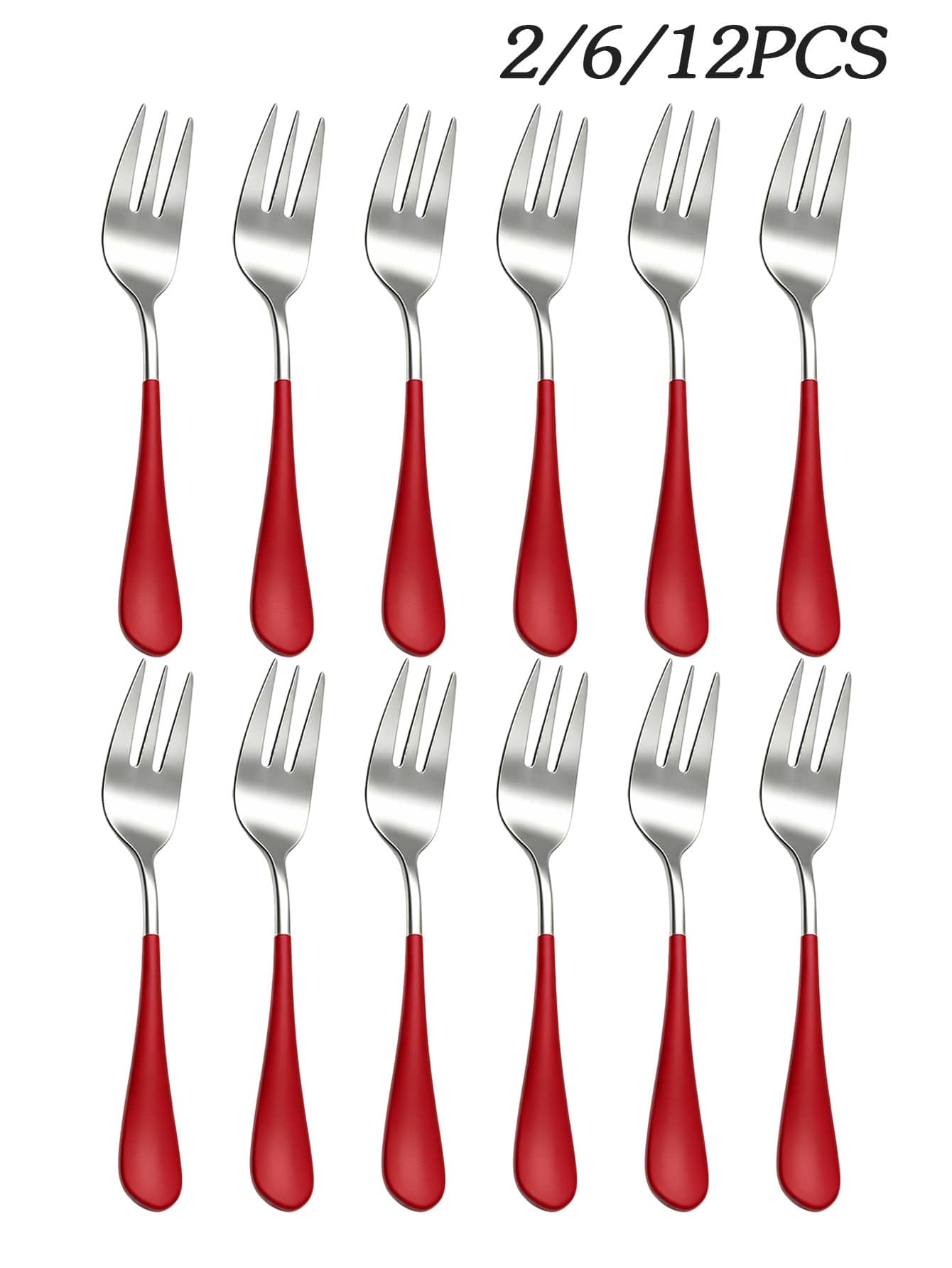 2/6/12pcs Dessert Fork Set, Cake Fork, Fruit Fork, Tea Fork, Suitable For Restaurant, Afternoon Tea, Cafe, Wedding, Date Gift - Silver + Red - View 1