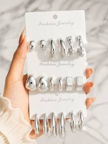 Set Of 9 Mixed Style Silver Hoop Earrings For Women Minimalist Chunky Twisted Daily Office Party Gift - Silver - View 1