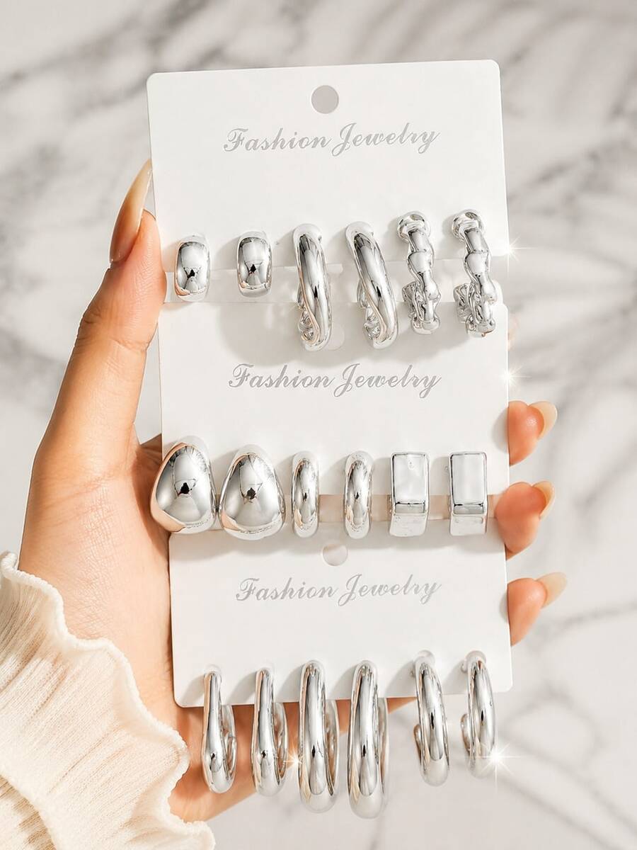 Set Of 9 Mixed Style Silver Hoop Earrings For Women Minimalist Chunky Twisted Daily Office Party Gift - Silver - View 1