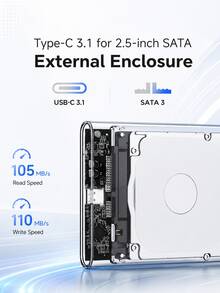 2.5 Inch SATA To USB 3.0 Hard Drive Enclosure, Transparent External HDD SSD Case With Type-C, 5Gbps Portable Drive Box For Laptop PC Windows - Clear - View 3