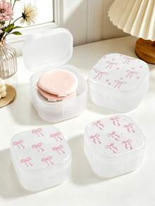 Cute Pink Bow Pattern Round Storage Box - Portable Makeup Pad And Cleaning Product Storage Box, Sealed Travel Design, Suitable For Brushes, Balls, Beads, Etc., Bathroom And Vanity Storage, Makeup Remover Storage Box, Smooth Surface, Transparent Storage Box, Dorm Essential, Makeup Storage Tool, DIY Essential, Gift For Family And Friends, Back To School Essential - Multicolor - View 2
