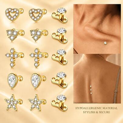 15 Pcs Punk 316L Surgical Steel Multi‑Shape CZ Inlaid Dermal Anchor Tops And Base Body Piercing Studs For Women Daily Party Skin Surface Jewelry