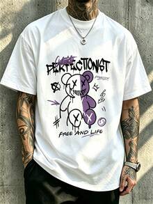 Vintage 1-Piece Short-Sleeve T-Shirt For Boys With Dark-Colored Graffiti Bear Print, Comfortable And Breathable, Casual Summer Top - White - View 1
