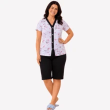 Pijama Feminino Aberto Meia Manga Pescador Bermuda Verão Senhora - Preto - Visão 3