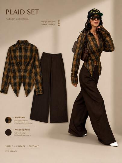 Ensemble 2 pièces pour femme avec chemise à carreaux à col et boutons devant, pantalon à taille haute et jambes larges, tenue décontractée et élégante pour l'automne