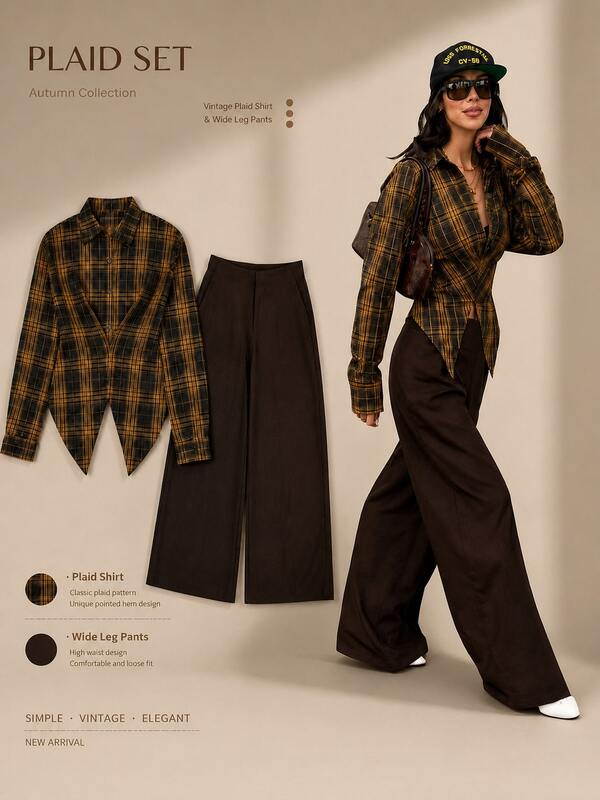 Women's Plaid Shirt Collar Button Front Top With High Waist Wide Leg Pants 2-Piece Set, Casual Elegant Autumn Outfit