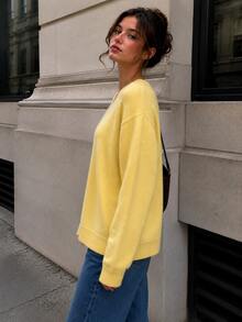 Women's Soft Oversized V-Neck Knit Sweater Long Sleeve Drop Shoulder Top For Fall - Yellow - View 5