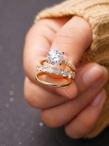 3pcs/Set Luxury Elegant Gold Alloy Engagement Ring Set, Wedding Party Jewelry Gift For Anniversary, Valentine's Day, Birthday - Gold - View 1