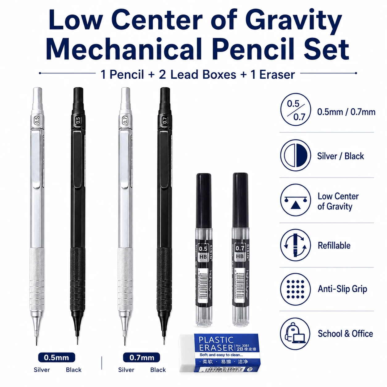 Low Center Mechanical Pencil Set, 0.5mm/0.7mm Options, Silver Or Black, Comfortable Grip For Students, School, Office, Drawing, Drafting & Daily Writing