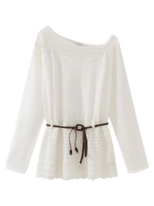 Spring/Autumn Skin-Friendly Breathable Hollow Knit Design Long Sleeve T-Shirt Cover-Up Loose Tie-Up Slimming Top Elegant Travel Casual Vacation - White - View 1