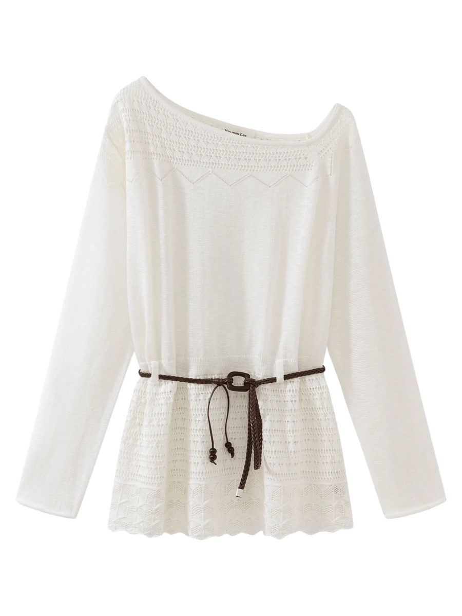 Spring/Autumn Skin-Friendly Breathable Hollow Knit Design Long Sleeve T-Shirt Cover-Up Loose Tie-Up Slimming Top Elegant Travel Casual Vacation - White - View 1