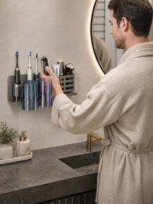 Wall-Mounted Toothbrush Holder Storage Rack, Bathroom Organizer, No-Drill Wall-Mounted Toothbrush Holder With Storage Slot And Cup, Space-Saving Bathroom Storage Rack, Modern Practical Design, Suitable For Electric Toothbrushes, Razors And Toiletries - Multicolor - View 4