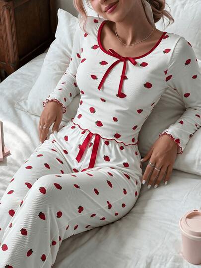 Women's Strawberry Print Tie Neck Ruffle Long Sleeve Top + Elastic Waist Long Pants Pajama Loungewear Set