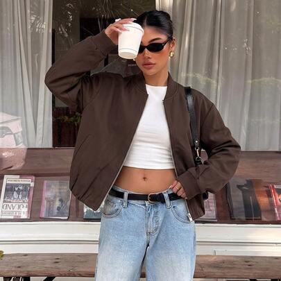 Jaket Aviator Wanita Warna Cokelat Tua Pendek dengan Resleting, Lengan Panjang, Kerah Baseball, Tahan Angin, Cocok untuk Dipakai di Musim Gugur