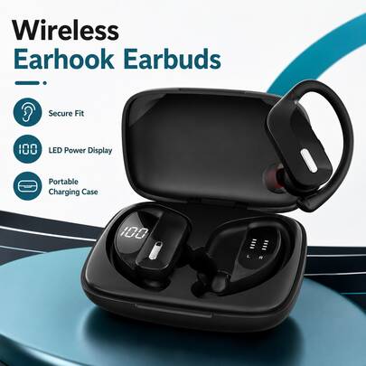 Wireless Earbuds With Ear Hooks, Sport Wireless Headphones With LED Digital Power Display Charging Case, Clear Calls, Stereo Music, Type-C Charging, Secure Fit Earbuds For Running, Workout, Gym & Daily Use