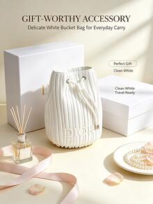 Dior Cream White Vertical Stripe Drawstring Makeup Bag, 3D Embossed Letter Logo Mini Bucket Storage Bag, Portable Travel Cosmetic Jewelry Organizer - White Bucket Bag - View 2
