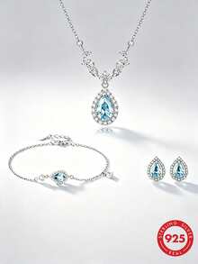 Conjunto de Joias de Prata Esterlina S925 Luxuoso e Requintado com Colar, Brincos e Pulseira em Formato de Gota Azul Cintilante, Design Elegante, Presente Atencioso para Namorada ou Melhor Amiga, Joias de Alta Qualidade Adequadas para Uso Diário - Prata - Visão 12