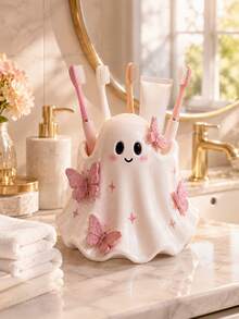 1pc Cute Ghost Toothbrush Holder With Pink Butterfly Decoration, Japanese Style Cute Bathroom Storage Rack, Can Store Toothbrush And Toothpaste, Halloween Ghost Decoration, Vanity Countertop Storage, Aesthetic Room Decor, Spooky Season Home Decor, Gift For Women And Girls - Multicolor - View 4