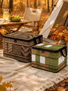 2D Flat Woven Texture Print Foldable Storage Box With Lid And Sturdy Zipper, Large Capacity Home Organizer Bin For Moving, Seasonal Clothing Storage, Living Room And Garage Shelf Storage - Multicolor - View 2