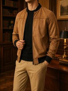 Men's Spring/Autumn Suede Aviator Jacket, Full Zip Casual Outerwear, Soft And Lightweight, Machine Washable, Multiple Colors, Daily Street Fashion Men's Gift - Khaki - View 2