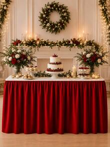 1pc Red Pleated Polyester Table Skirt, Elegant Rectangle Table Cover For Wedding, Birthday Party, Cake Dessert Table, Banquet, Buffet, Bridal Shower, Baby Shower & Christmas Decor - Red - View 6