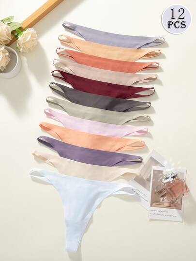12pcs Women's Multi-Color Minimalist Thin Waistband Seamless Skin-Fitting Invisible Versatile No-Trace Thongs