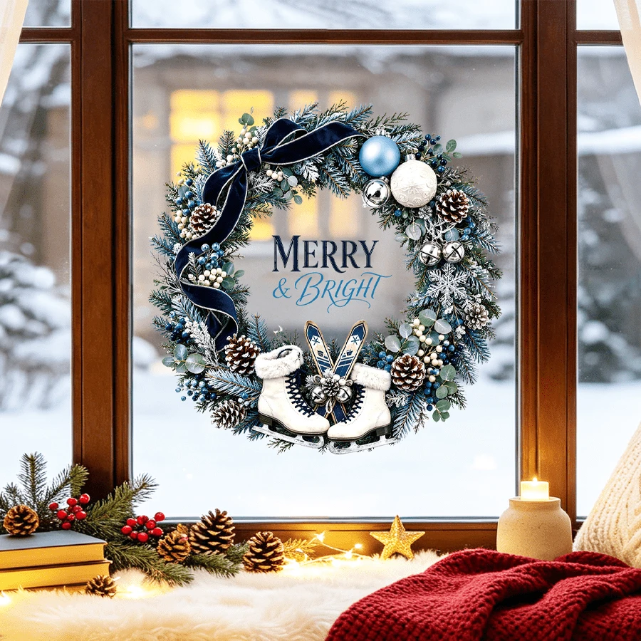 Set med 2 statiska julkransfönsterklistermärken, MERRY & BRIGHT vinterskridskor, snöflinga och tallkotte, PVC-fönsterdekor för jul, hem, fest och glasdekor - A - Visa 1