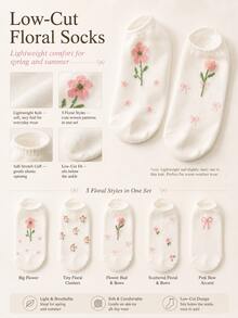 5 Pairs Random (Non-Embroidered) White Flower Bow Boat Socks, Breathable & Comfortable, Suitable For All Seasons, Random Colors - Multicolor - View 4