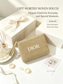 DIOR Straw Woven Makeup Bag, Premium Beige Woven Clutch, Luxury Embroidered Letter Zipper Storage Bag - Woven Makeup Bag - View 2