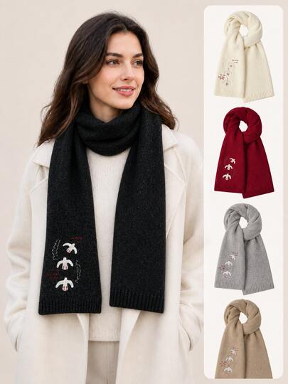 Bufanda de punto con bordado de paloma blanca para mujer, suave y cálida, calentador de cuello para invierno, accesorio versátil y casual para clima frío