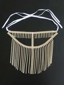 Belly Dance Long Tassel Mask Veil Makeup Ball Accessories Elegant Headband Rhinestone Face Chain Mask Ball Jewelry - Gold - View 2