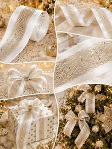 2.5 Inch Gold Glitter Wired Christmas Ribbon, White Champagne Mesh Polyester Ribbon With Metallic Edge, Christmas Tree Ribbon, Suitable For Bow Making, Christmas Tree Topper, Wreath, Holiday Party DIY Decoration - Gold Fan Belt - View 11