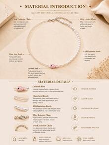 1pc Bohemian Fun Ceramic Fish Woven Transparent Rice Bead Faux Pearl Beaded Necklace For Women, Suitable For Beach Vacation And Daily Wear, Special Birthday Gift (Fish Is Ceramic Material, Size And Shape Random) - Pink - View 2