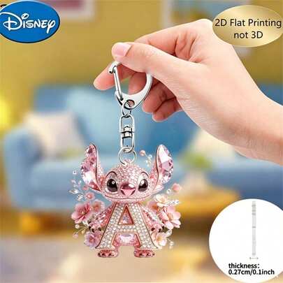 Disney Stitch Sparkling Diamond Pink Floral Letter Cartoon Keychain, Acrylic Keychain, 26 English Letters A-Z Letter Theme Y2K Christmas Acrylic Pendant, Creative Bag Charm, Car Keychain, Fashion Key Chain, Women's Keychain, Key Chain, Keychain Pendant, Female Car Accessories, Suitable For Valentine's Day, Halloween, Easter, Father's Day And More, Party Supplies.